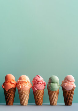 Helados italianos de sabores. Barquillo con helado cremoso de diferentes sabores y colores. Nata, vainilla y frutas para el verano. Generative ai.