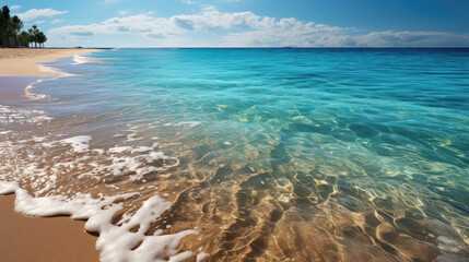 Obraz premium An idyllic beach scene with a soft sandy beach, the calm sea reflecting the colorful hues of the dawn.