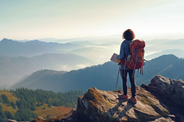 Fototapeta premium Female traveller with a backpack on top of a mountain with dramatic cloudscape during sunrise. Travel, active lifestyle and winning reaching life goal