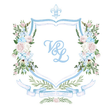 Naklejka Painted watercolor light pink rose, light blue flower and blue wedding crest with fleur de lis heraldic symbol isolated on white background.
