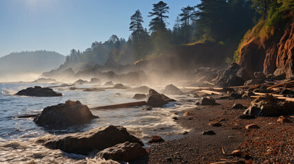 Fototapeta premium A secluded rocky beach under the midday sun, the crashing waves spraying a mist into the air.