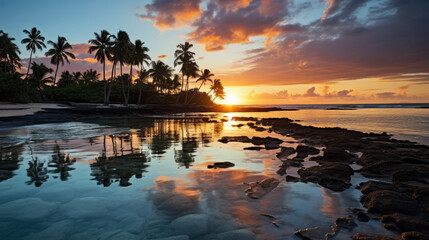 An untouched tropical beach at sunset, palm trees casting long shadows over the calm, mirrored water.
