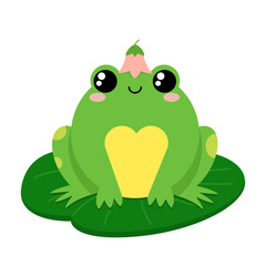 Cute green frog with a heart and a flower on head, sitting on a leaf and smiling. Can be used as a sticker or an icon