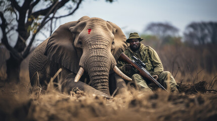 Ivory poaching awareness, poacher with gun next to a dead elephant in Africa, holding a rifle after elephant kill