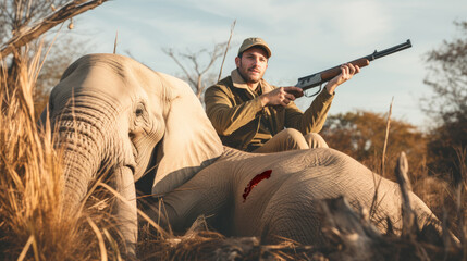 Ivory poaching awareness, poacher with gun next to a dead elephant in Africa, holding a rifle after elephant kill - obrazy, fototapety, plakaty