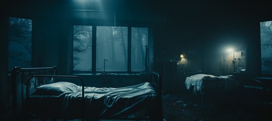 Haunted horror hospital ward room on dark melancholic night background. Generative AI technology.	