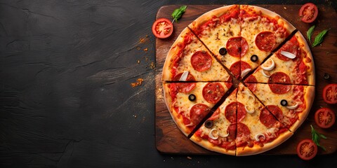 Delicious homemade pizza on black wooden table. Italian food with cheese and tomato top view...