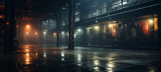 Fototapeta na wymiar Warehouse factory building on melancholic dark night background. Generative AI technology.