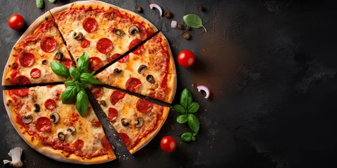 Foto op Plexiglas Delicious homemade pizza on black wooden table. Italian food with cheese and tomato top view background with copy space © Thares2020