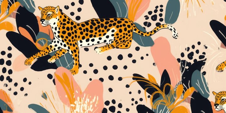 Hand drawn dots abstract artistic print with leopards. Creative collage contemporary seamless pattern. Fashionable template for design, Generative AI © Dhriti