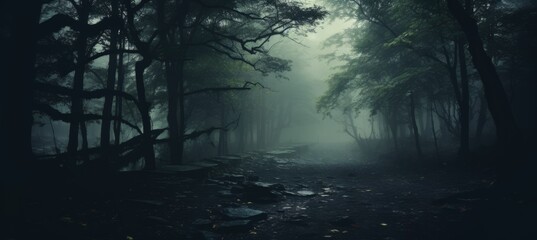 Haunted forest horror melancholic dark night background. Generative AI technology.