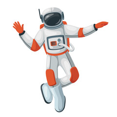 Astronaut flying vector illustration. Cartoon isolated spaceman character in suit for outer space flight and helmet dancing funny dance in cosmos, astronaut dancer in spacesuit pointing and standing © setory