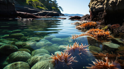 A secluded tidal pool, filled with vibrant sea anemones and starfish, cradled by jagged, mossy rocks.