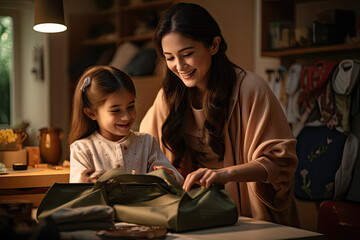 Asian mother preparing school bag of her daughter ready to school in morning. Happy mom helping her...