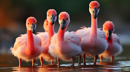 A captivating sight of a flock of flamingos standing in a coastal lagoon, their pink hues reflected on the water.