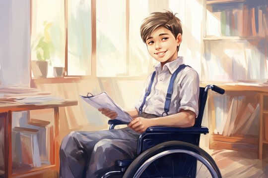 Schoolboy in a wheelchair sits with a book in library full of books, generative ai