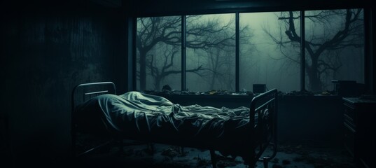 Horror haunted hospital room on dark melancholic night background. Generative AI technology.	 - obrazy, fototapety, plakaty