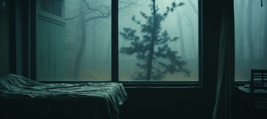 Haunted abandoned hospital room on dark melancholic night background. Generative AI technology.	