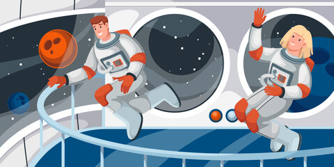 Couple of astronauts floating inside spaceship vector illustration. Cartoon man and woman explore space, cosmonauts flying in zero gravity in futuristic interior of shuttle cockpit, astronauts flight