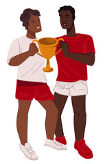 Man and woman holding trophy, competition victory