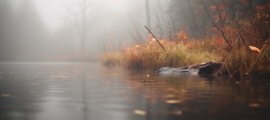 Foggy river side autumn background. Generative AI technology.