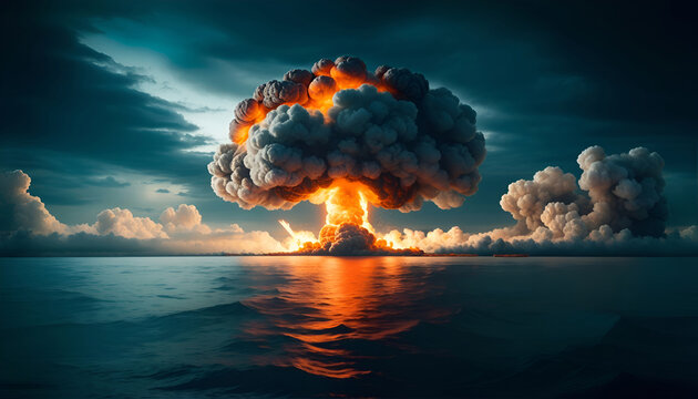 atom bomb, nuclear, very big explosion in the middle of the ocean