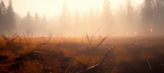 Foggy morning grass field on blur forest background. Generative AI technology.
