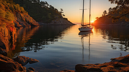 A tranquil view of a sailboat anchored in a coastal bay at sunrise, the golden light reflecting on the calm water.