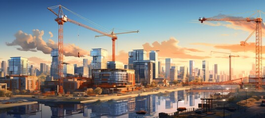 Urban property building construction sites and tower cranes. Generative AI technology.