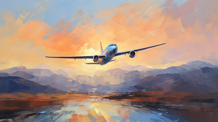 Fototapeta na wymiar airplane against the sunset sky, flight, oil painting impressionism. Generative AI