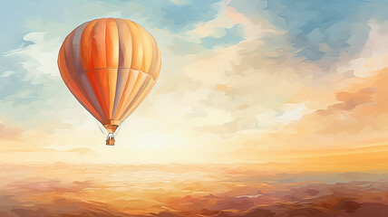 Obraz premium the balloon is flying against the background of the sunset sky landscape travel freedom adventure oil paints. Generative AI