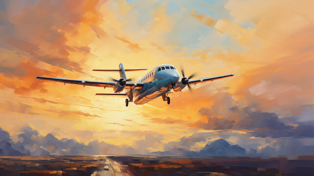 airplane against the sunset sky, flight, oil painting impressionism. Generative AI