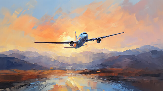 airplane against the sunset sky, flight, oil painting impressionism. Generative AI