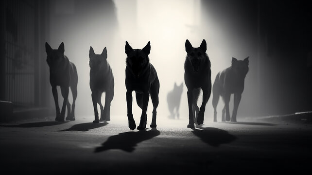 phobia fear horror attack of a pack of  dogs in a black and white fog. Generative AI