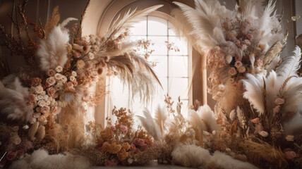 Wedding arch of dried flowers and pampas grass. 