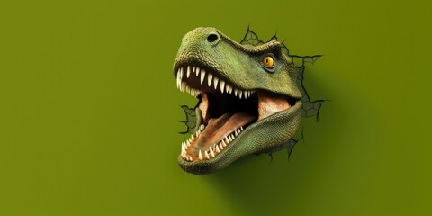 Cute T-Rex peeking out of a hole in wall, torn hole, empty copy space frame, mockup. Generative AI image weber.