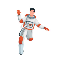 Astronaut greeting vector illustration. Cartoon isolated male cosmonaut character with happy face waving hand to say Hi or Bye, Welcome, friendly expression and gesture of astronaut in spacesuit
