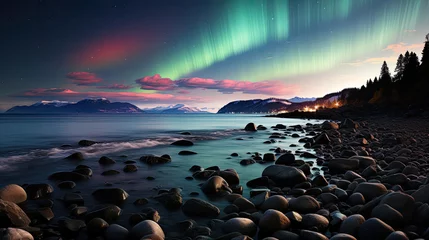 Zelfklevend Fotobehang A mesmerizing scene of the northern lights over a frigid coastal landscape, their vibrant colors reflecting on the icy sea. © GraphicsRF