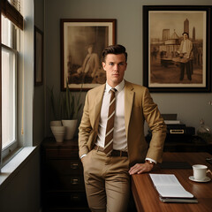 Fototapeta premium Professional Man in an Office Wearing a Brown Suit. 