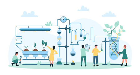 Biotechnology, research and growing plants in laboratory vector illustration. Cartoon tiny people holding magnifying glass and thermometer for sprout breeding in futuristic genetic lab experiment