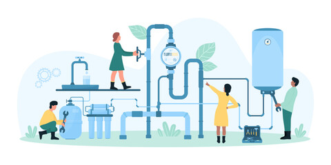 Installation of home water supply system vector illustration. Cartoon tiny people install treatment filter and boiler, plumbing, valves and water meter inspection by workers of maintenance service