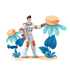 Astronauts research of life in alien planet vector illustration. Cartoon isolated scene of fantasy nature exploration and study with man in spacesuit walking near big alien flowers and plants