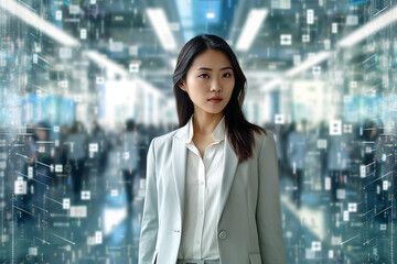 Fototapeta premium Portrait of Asian businesswoman, big data concept 