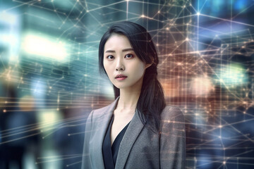 Fototapeta premium Portrait of Asian businesswoman, connection and dot background 