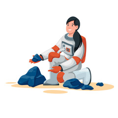 Female astronaut studying stones of alien planet vector illustration. Cartoon isolated woman in spacesuit holding piece of blue mineral from ground, astronauts exploration, research of geoscience