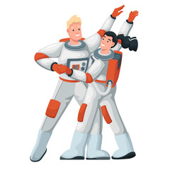 Astronauts dance vector illustration. Cartoon isolated funny man and woman dancing retro disco dance on cosmic music party inside spacecraft, happy young couple of cosmonauts dancers in spacesuits