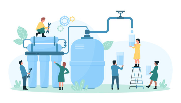 Water purification service vector illustration. Cartoon tiny people repair system of filters, tanks and pipes for filtration and water treatment, pouring purified drinking liquid from tap into glass