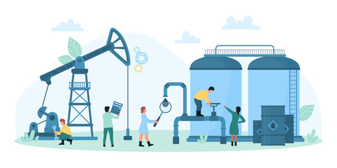 Safety inspection of oil industry equipment by workers vector illustration. Cartoon tiny people check facility of factory, steel pipelines and valves, drilling rig pumpjack and industrial tank