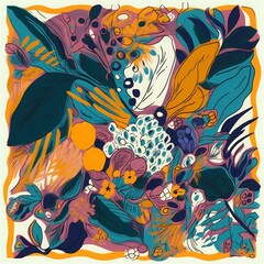 Hand drawn artistic scarf modern design with tropical plants. Abstract ethnic style. Fashionable  template for your design, Generative AI