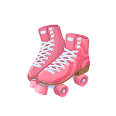 Roller skates for girl vector illustration. Cartoon isolated pair of pink female fashion shoes with pattern, wheels and laces to skate in summer park, funky footwear for disco party, skating activity